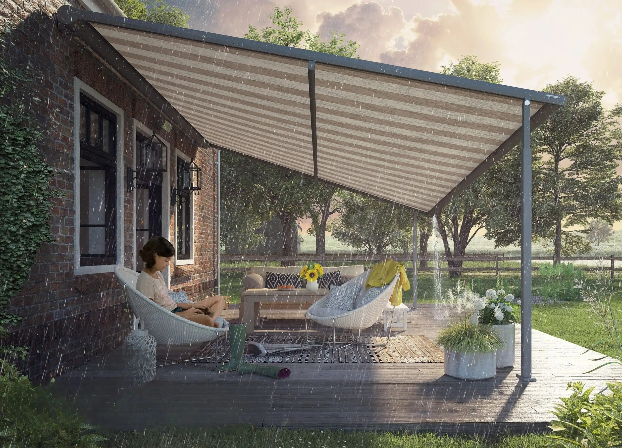 Plaza Viva pergola awning in use during rain.