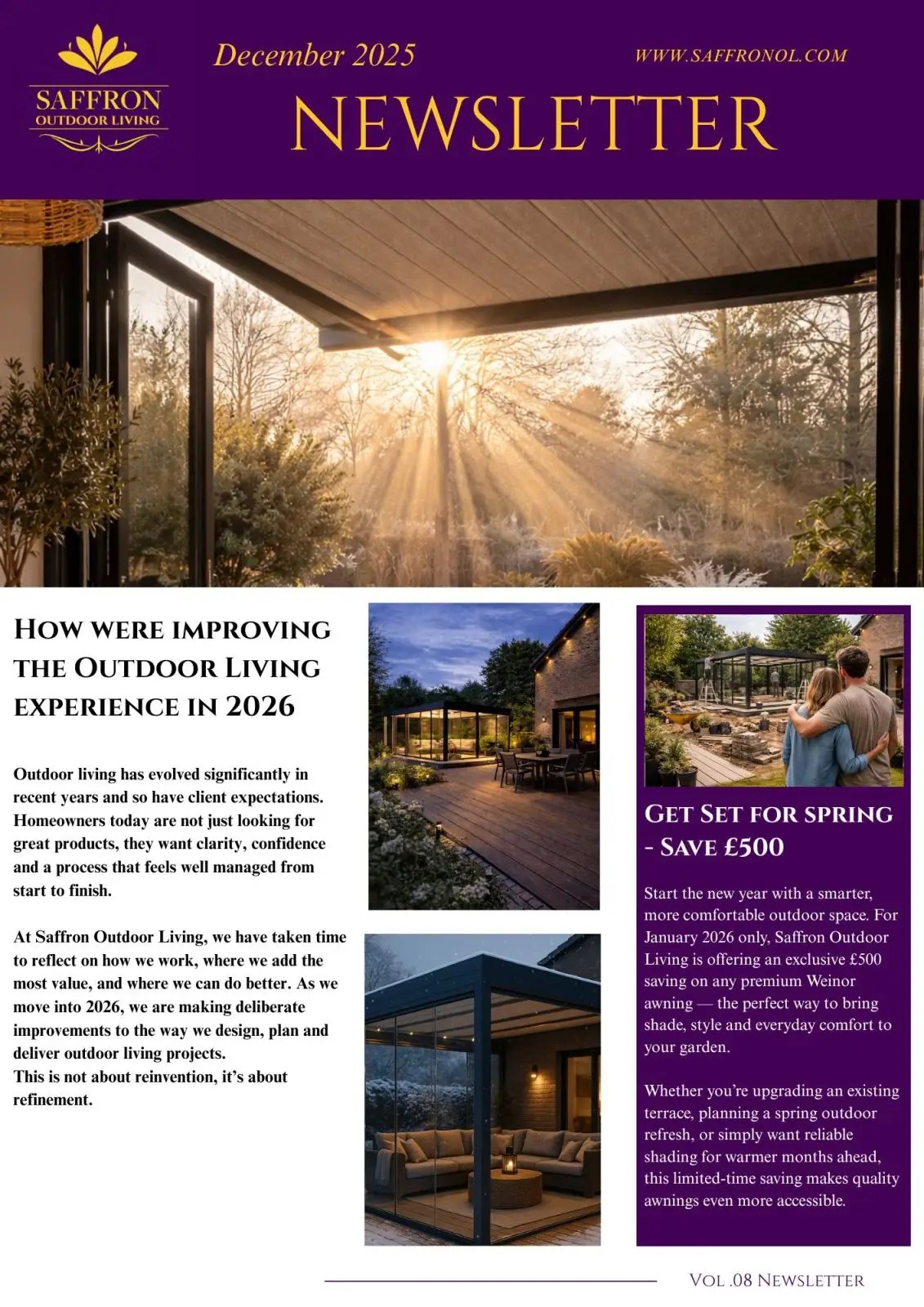 Saffron Outdoor Living December 2025 newsletter featuring outdoor living inspiration