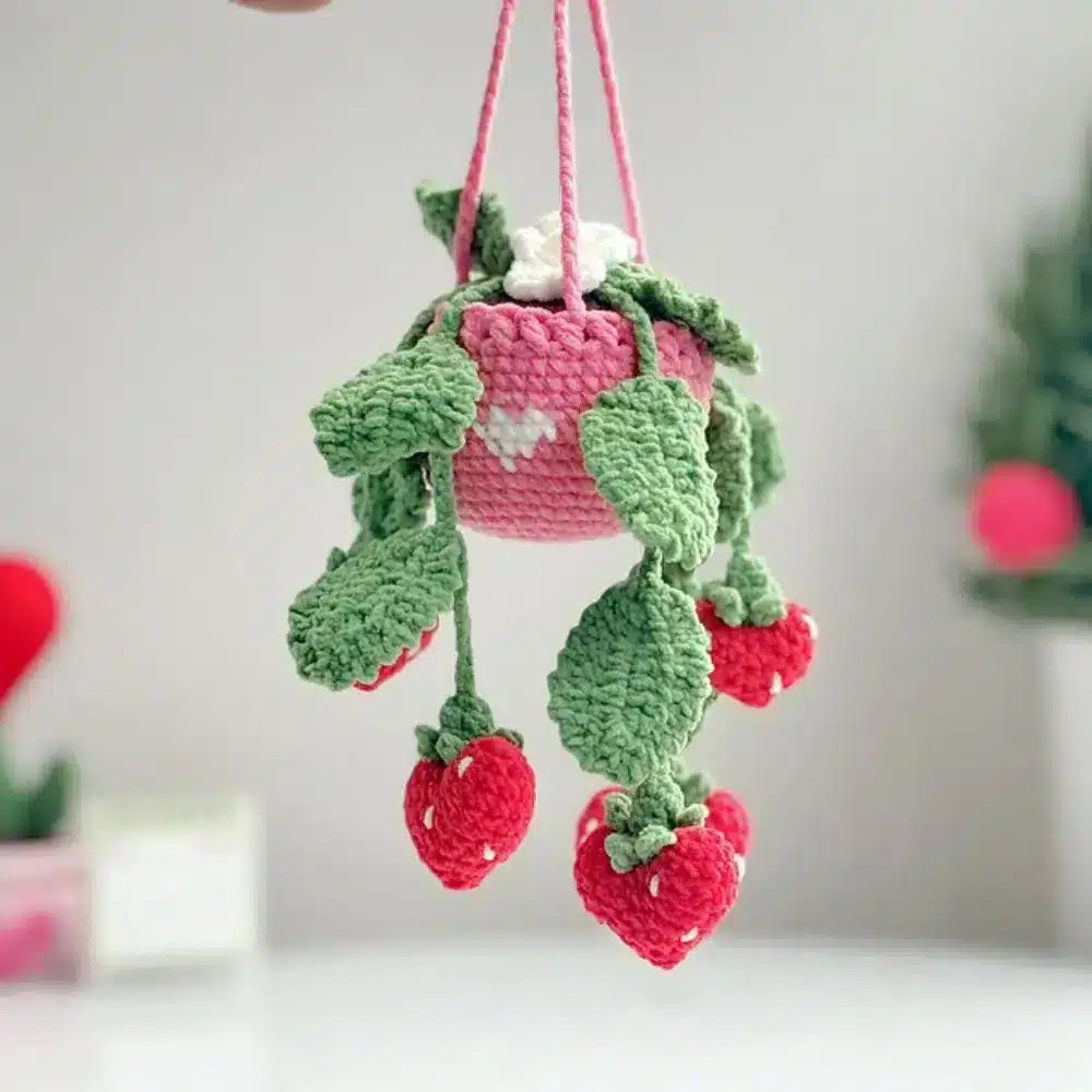 Easy Crochet Strawberry Plant Hanger Pattern - DIY Hanging Planter for Small Spaces — crochet strawberry plant pattern