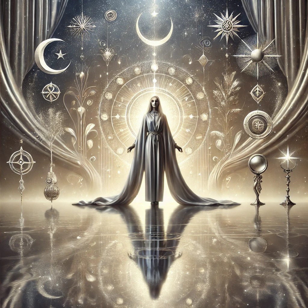 A visually stunning image representing the color silver with a figure in elegant silver attire, surrounded by symbols of intuition, reflection, and protection, set against a rich, shimmering silver background with subtle sparkles.
