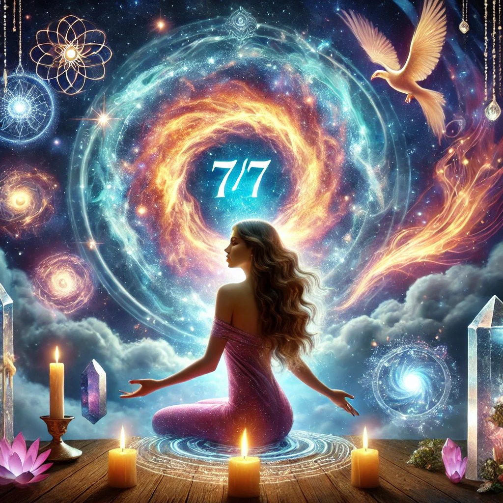 A captivating image focusing on the 7/7 portal with a starry night sky and a prominent celestial portal. The scene includes a woman sitting in a meditative pose, enveloped in a radiant aura, surrounded by glowing crystals, candles, and swirling light. The atmosphere is magical and inviting, highlighting the spiritual and transformative nature of the 7/7 portal.