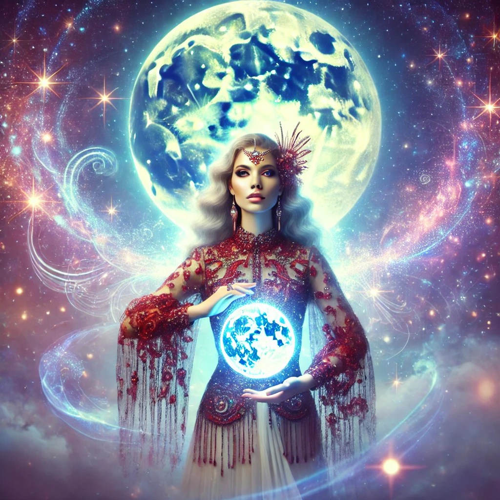A vibrant and magical scene of a woman harnessing the energy of the First Quarter Moon in July. The background features a luminous night sky with the first quarter moon and twinkling stars. The woman, with attire reflecting the transformative energy of this lunar phase, stands confidently holding a glowing orb, surrounded by mystical elements like swirling lights and energy waves.