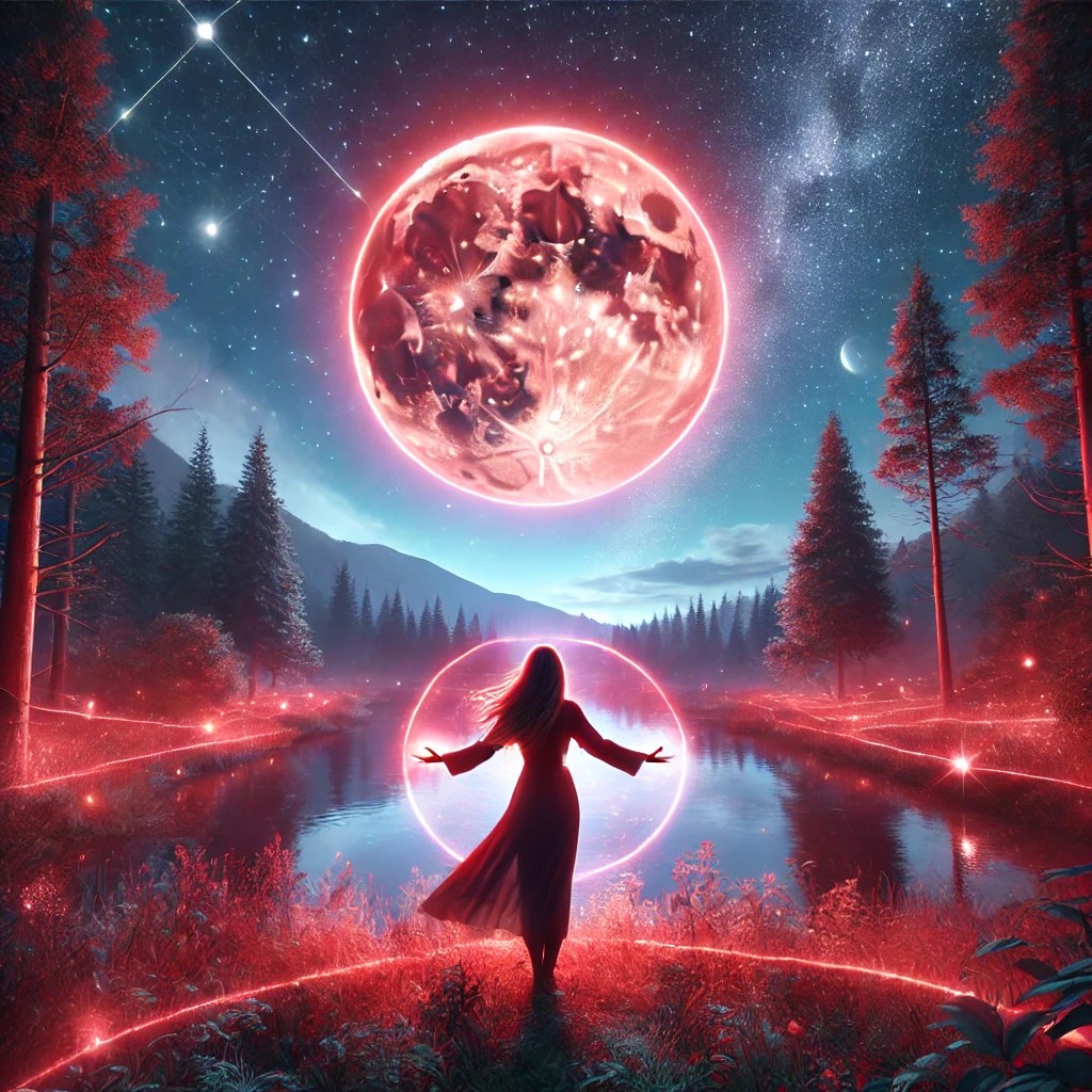 A serene night scene in nature with a glowing full moon casting a gentle red light. A woman stands with open arms, surrounded by soft, glowing red energy, in a lush forest clearing.