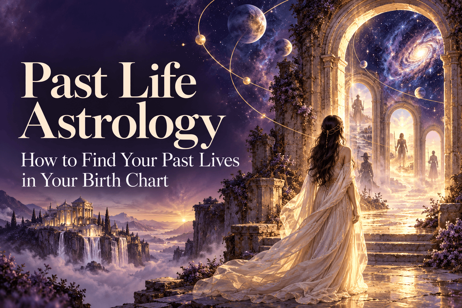 Past Life Astrology: How to Find Your Past Lives in Your Birth Chart, a woman in a cream gown standing before glowing stone archways that open onto past lives
