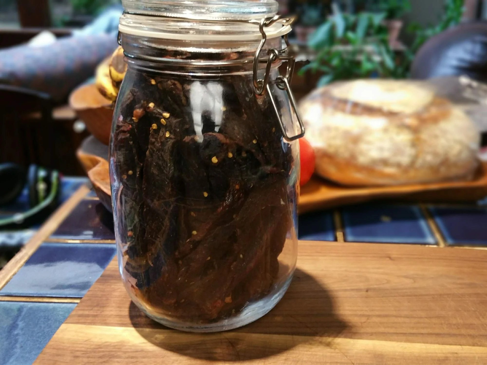 Smokey beef jerky in an airtight container
