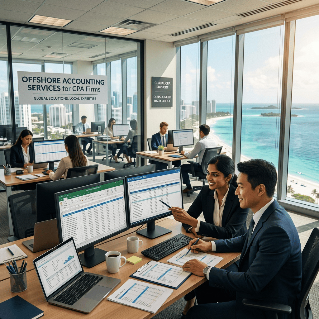 Accounting team working at computers in office labeled offshore accounting services for CPA firms