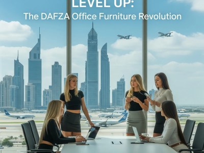A group of happy Gen Z women working in a sunlit DAFZA office with a view of the Dubai skyline and airport operations at golden hour. The image has the text "LEVEL UP: The DAFZA Office Furniture Revolution