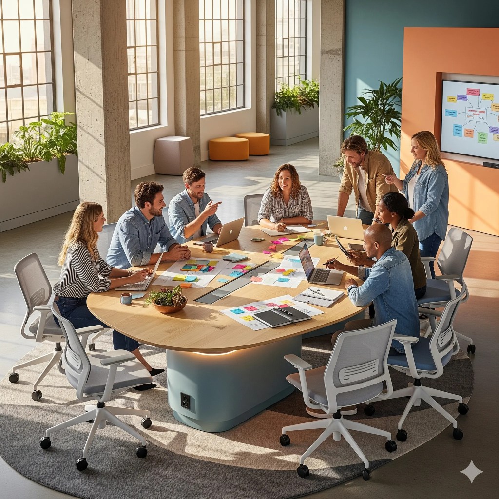 A vibrant SAGTCO collaborative meeting room in DAFZA with a uniquely designed table, where a diverse team is actively brainstorming with laptops and sticky notes, representing dynamic and creative teamwork.