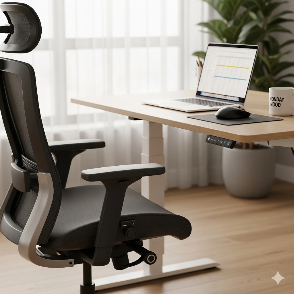A close-up of a high-performance SAGTCO ergonomic mesh office chair paired with a modern height-adjustable standing desk, featuring a laptop and a coffee mug, demonstrating comfort and productivity for DAFZA professionals.