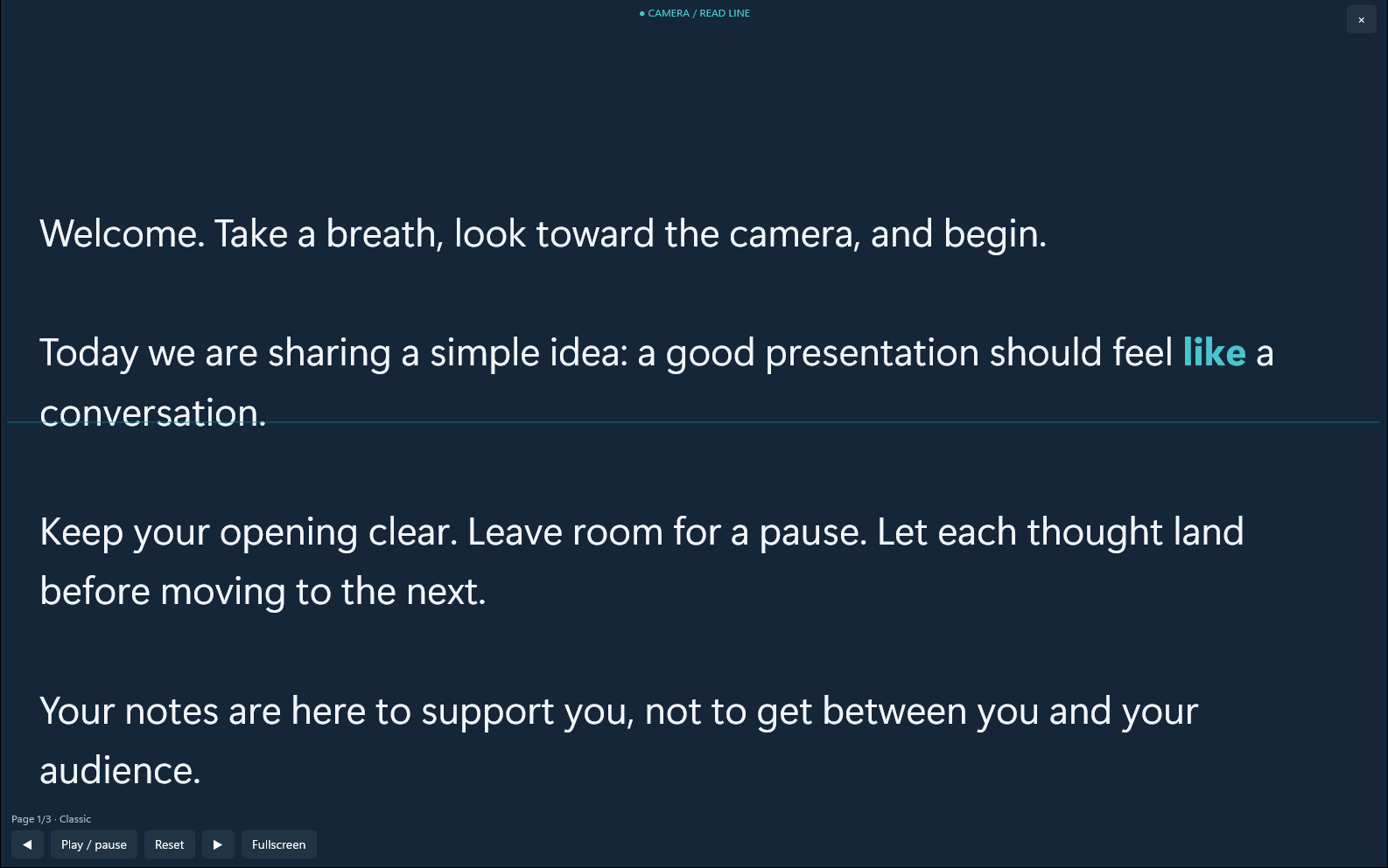 Win Teleprompter camera prompt with large script text and playback controls.