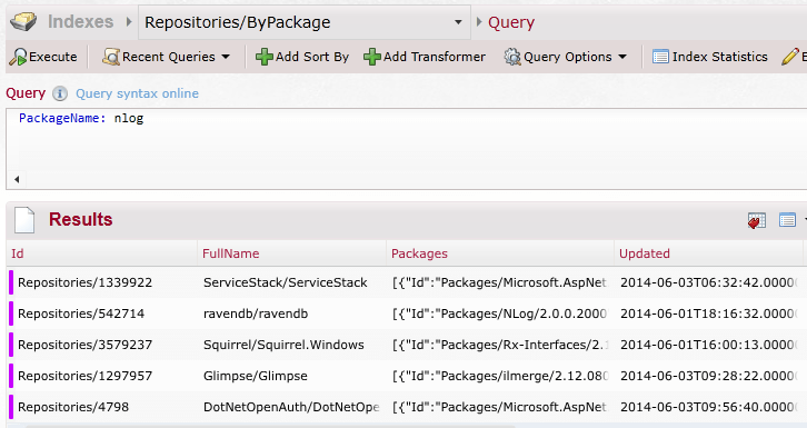 Using RavenDB Index to query NuGet packages used in GitHub
