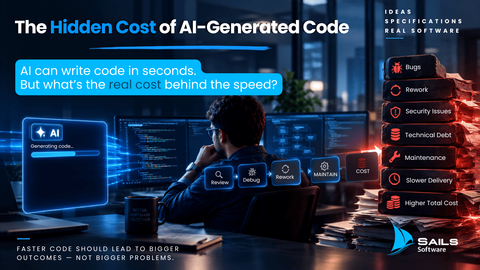 Illustration representing the hidden cost of AI-generated code in software development
