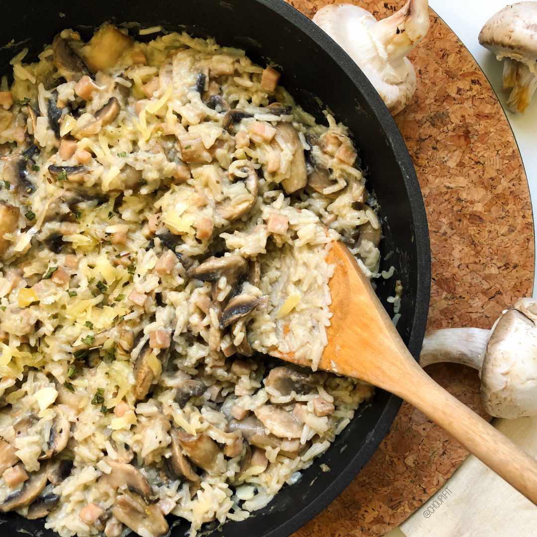 Risotto à la carbonara aux champignons sans crème fraîche Sainplement Healthy
