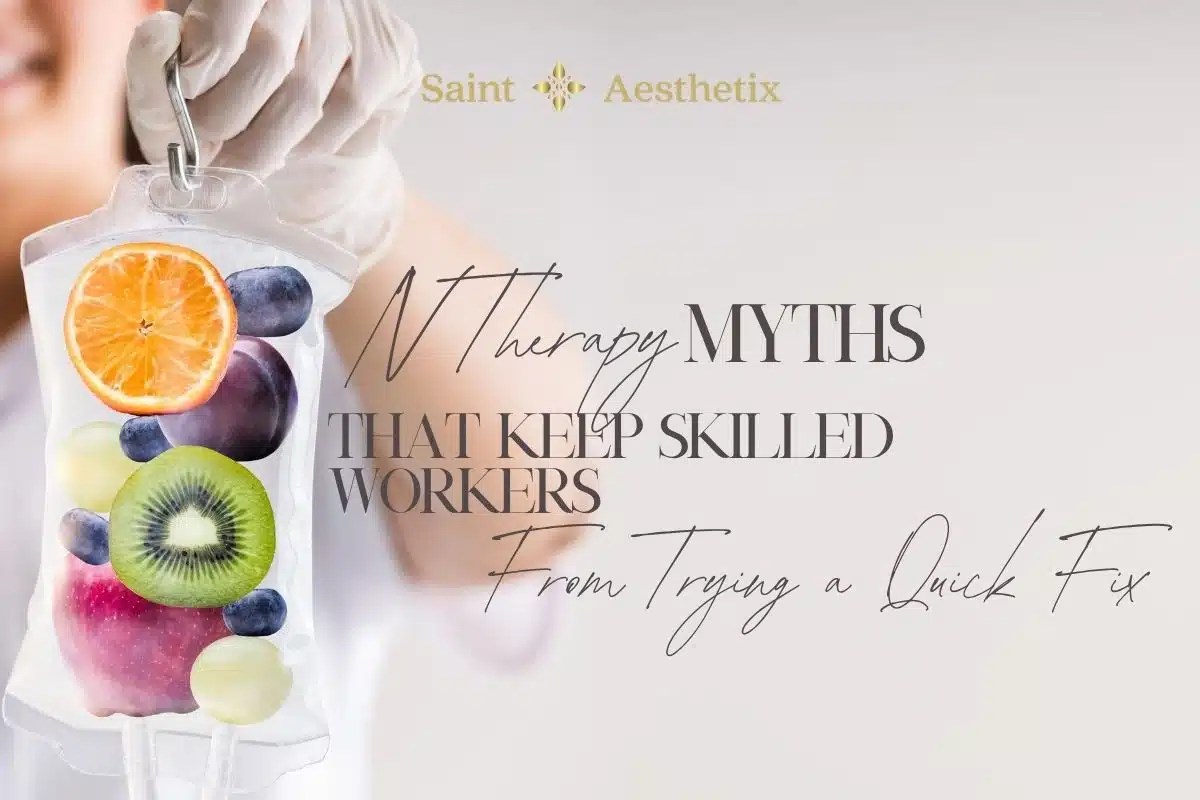 A gloved hand holds an IV bag filled with colorful fruits like kiwi, orange, berries, and grapes, illustrating IV therapy myths that keep skilled workers from trying a quick fix.