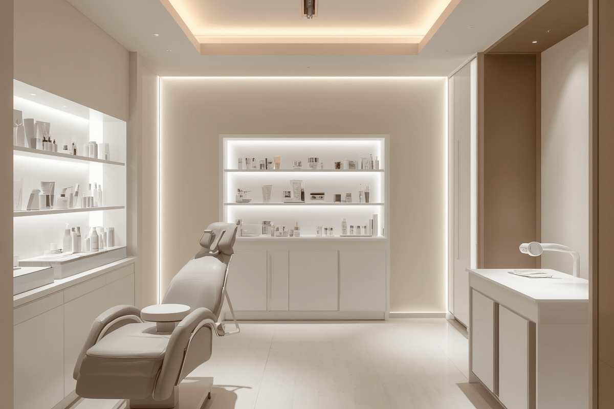 A clean, modern spa room with shelves filled with beauty products, a reclining treatment chair, and a white counter with a lamp.