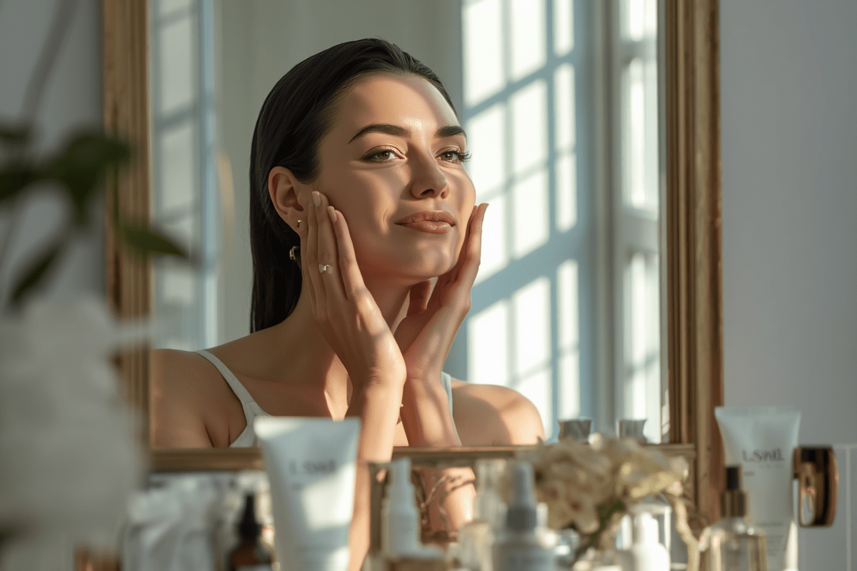 A woman looking at her glowing complexion in a mirror, showing why consistent skin maintenance matters for long-term skin health.