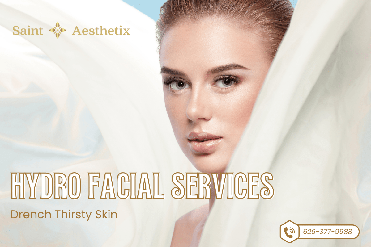Promotional banner by Saint Aesthetix advertising professional hydro facial services to drench thirsty skin, featuring a woman draped in soft, flowing white fabric.