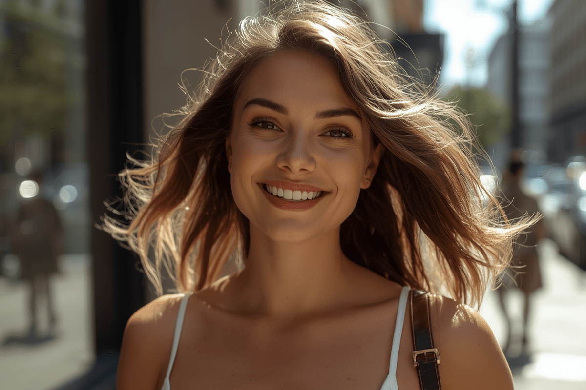 A woman with long brown hair smiles at the camera as she walks down a sunny street. She wears a white top and a brown purse strap is visible over her shoulder.