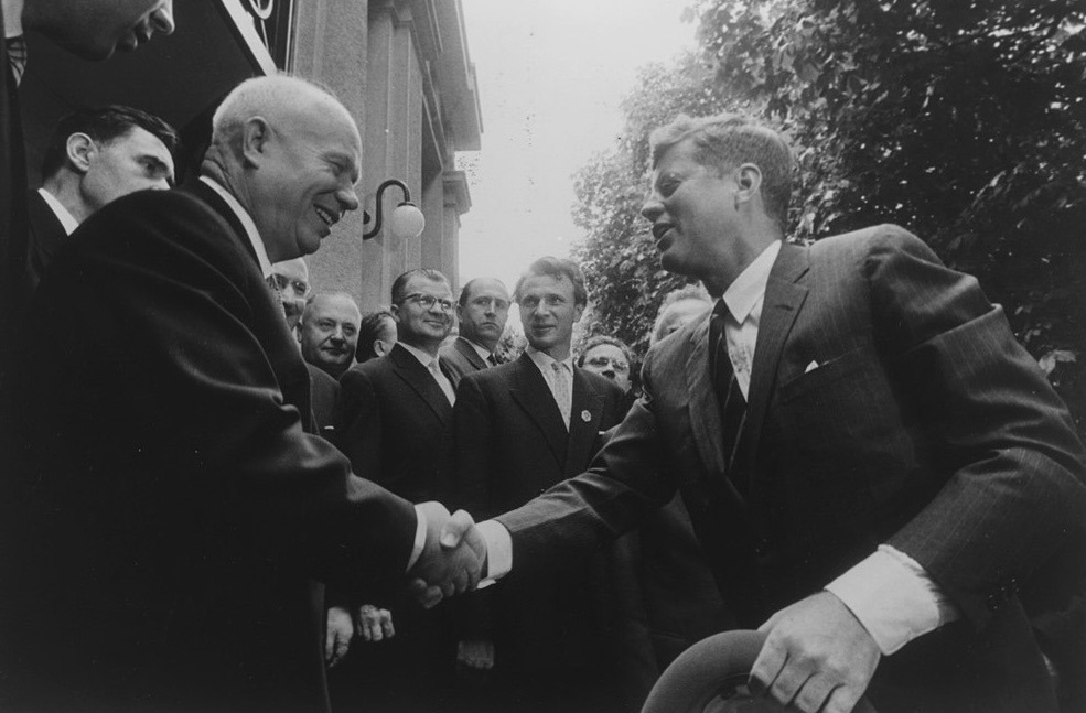 Photo: Nikita Khrushchev and John F Kennedy shake hands at the U.S. Embassy in Vienna in 1961. (U.S. National Archives)