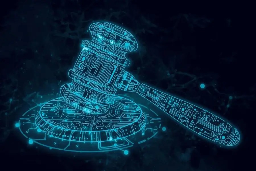 Futuristic digital gavel illustration symbolizing algorithmic decision-making, AI in workforce management, and ethical technology in modern workplaces.