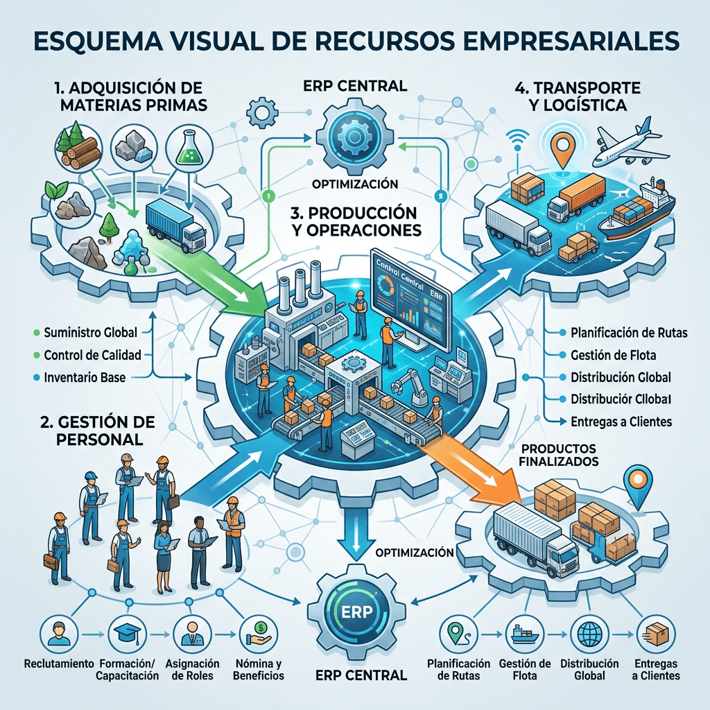 Esquema visual de recursos empresariales con ERP central, compras, personal, producción, transporte y logística