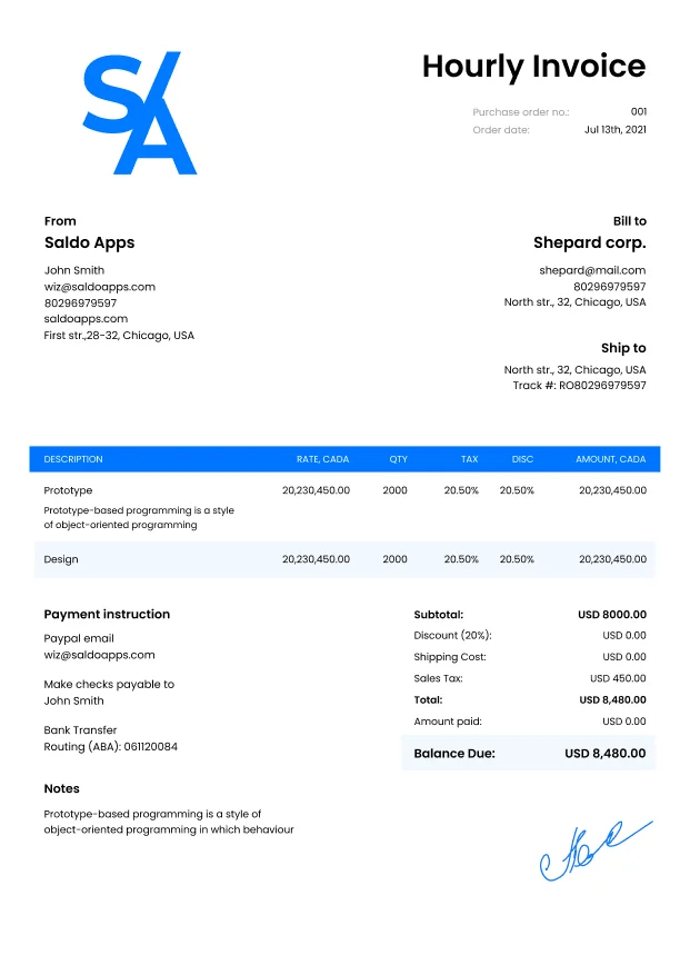 hourly invoice template download invoice for hours worked saldoinvoice com