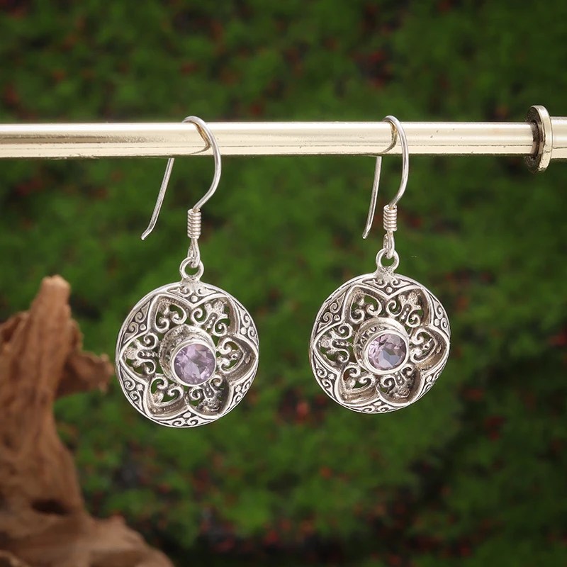 Retro Ethnic Purple Zircon Pendant Earrings Elegant Versatile Accessories 1