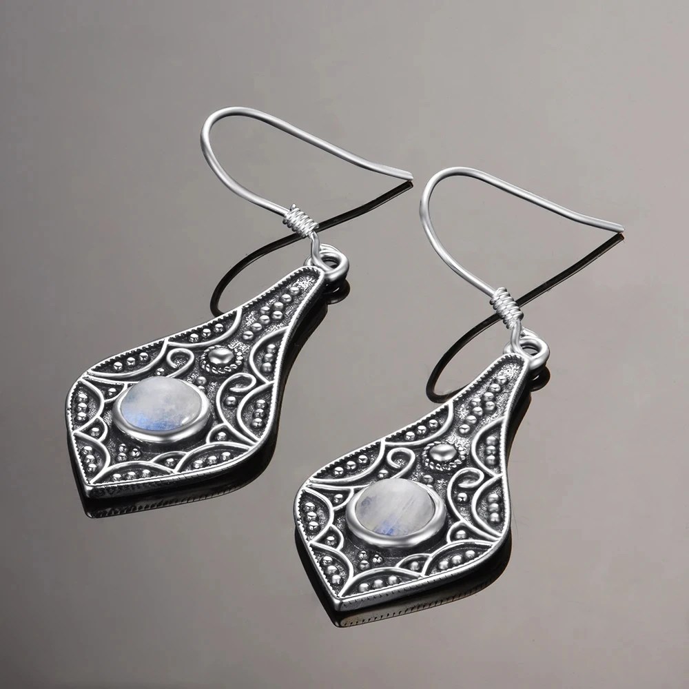 925 Silver Long Drop Earrings with 5MM Round Natural Moonstone – Vintage Style 1