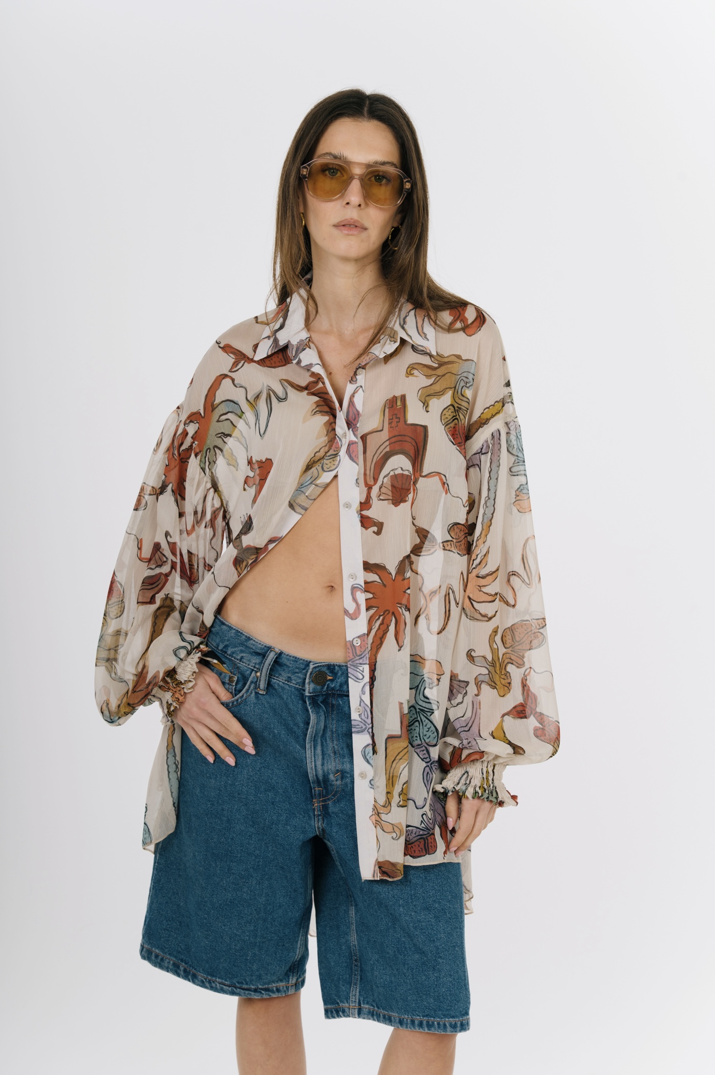 EROS NEW PRINTED TUNIC TOP ECRU PALM ART