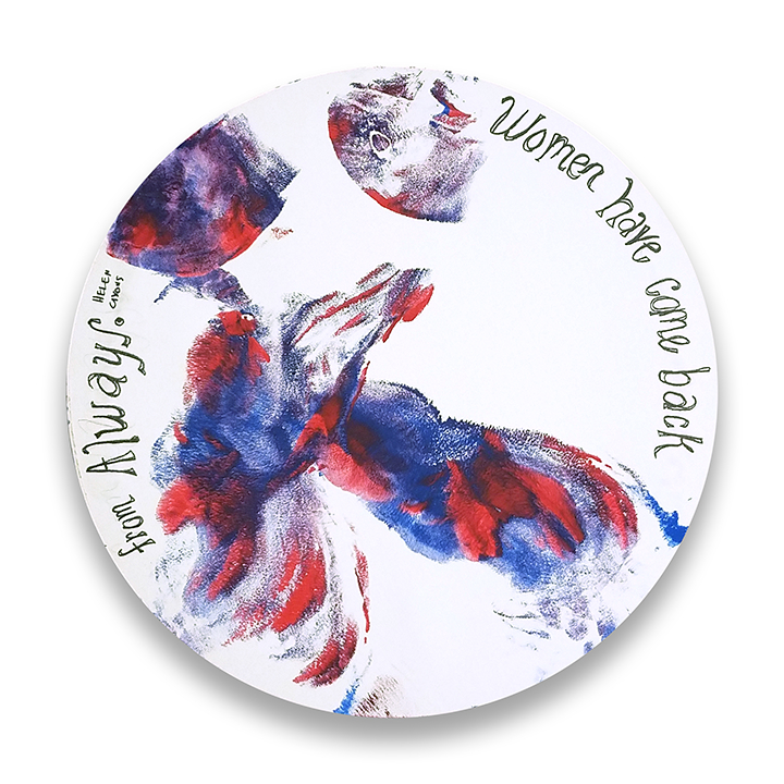 red and blue print on white background with text reading "women have come back"