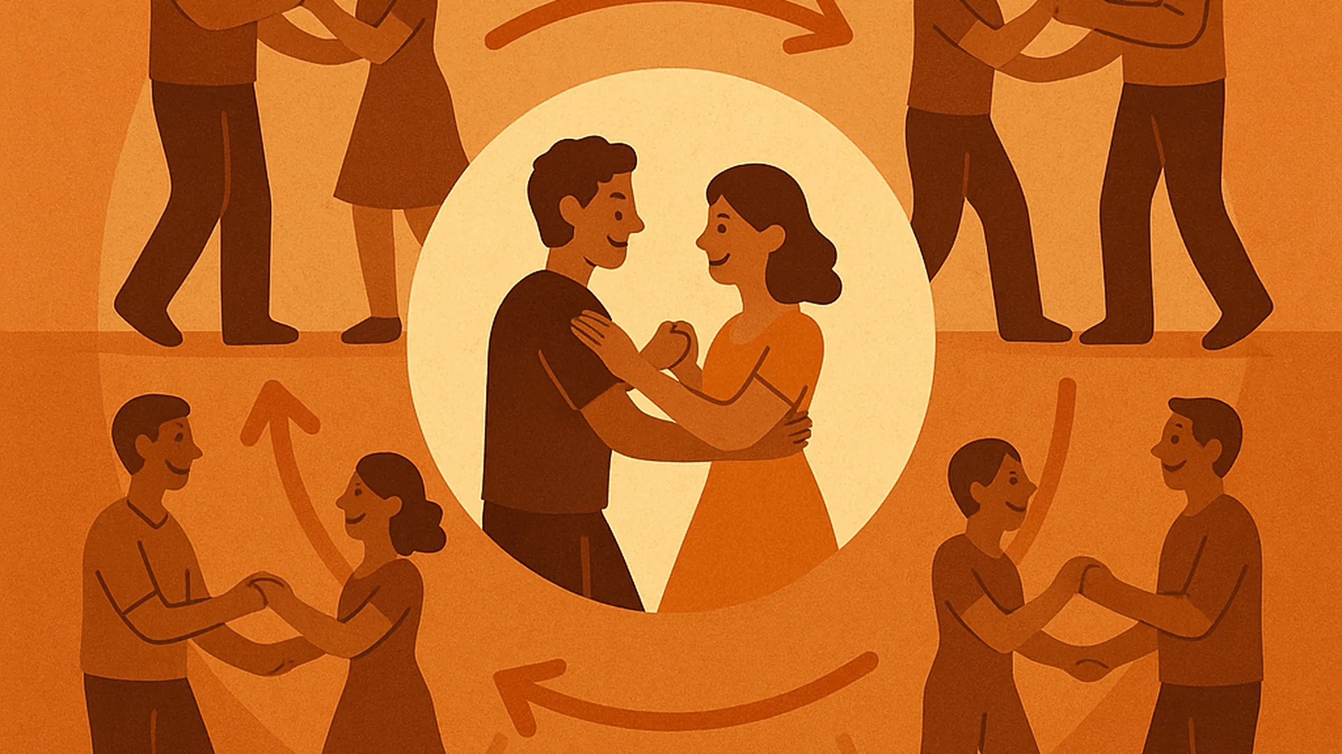 Stylized illustration of rotating partners in a salsa class with a clockwork motif.