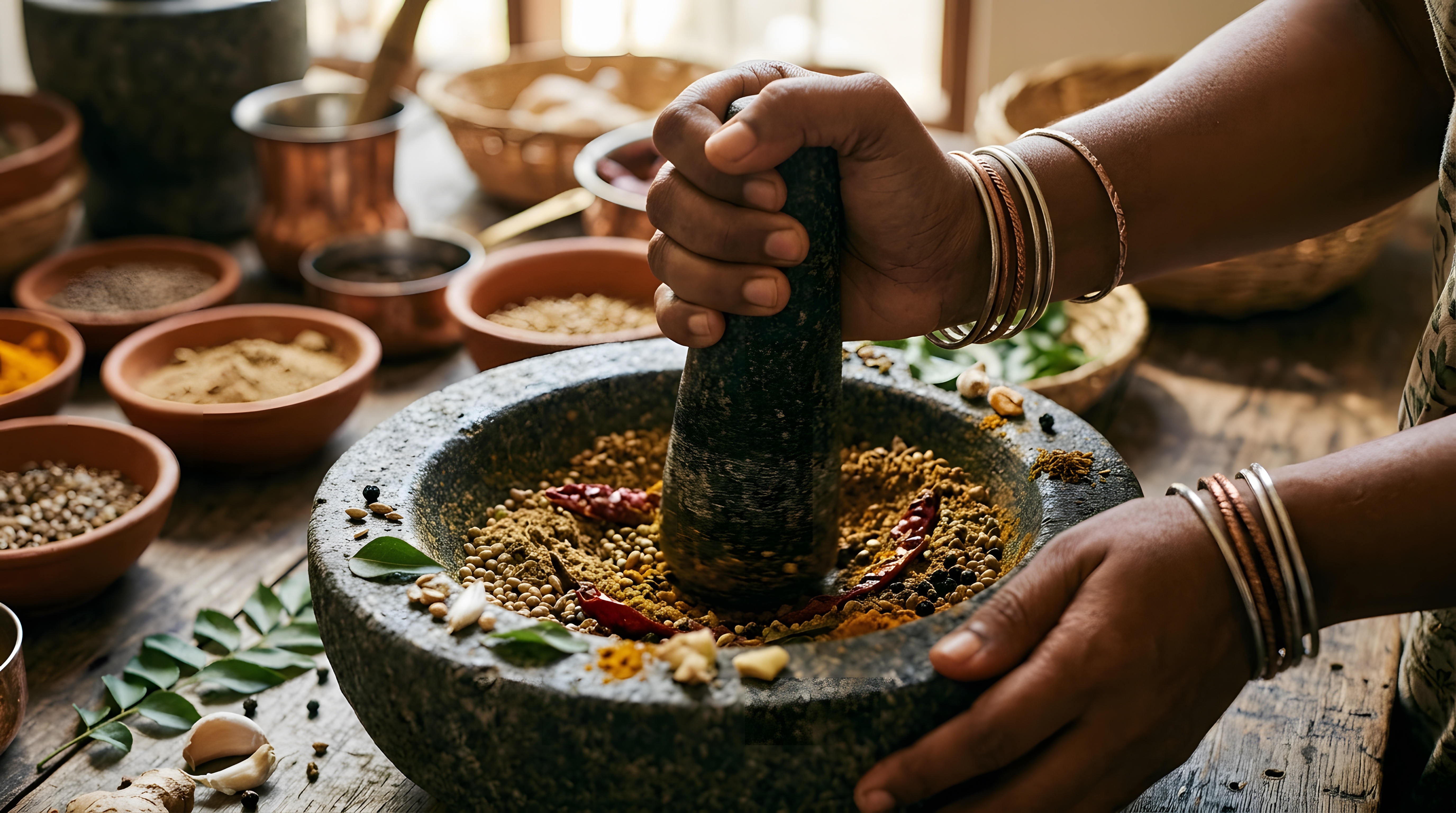 Hands grinding herbs and spices with a pestle and mortar