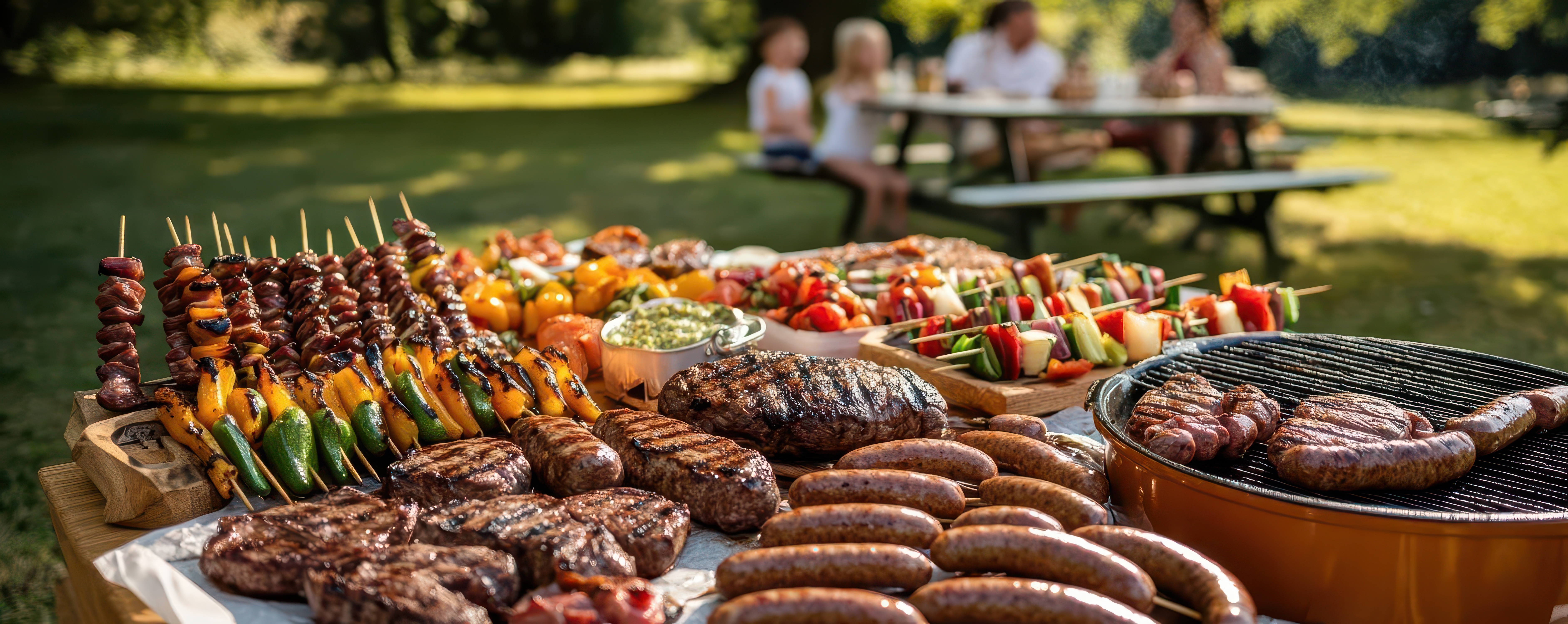 Grilled food and skewers arranged for a service in motion