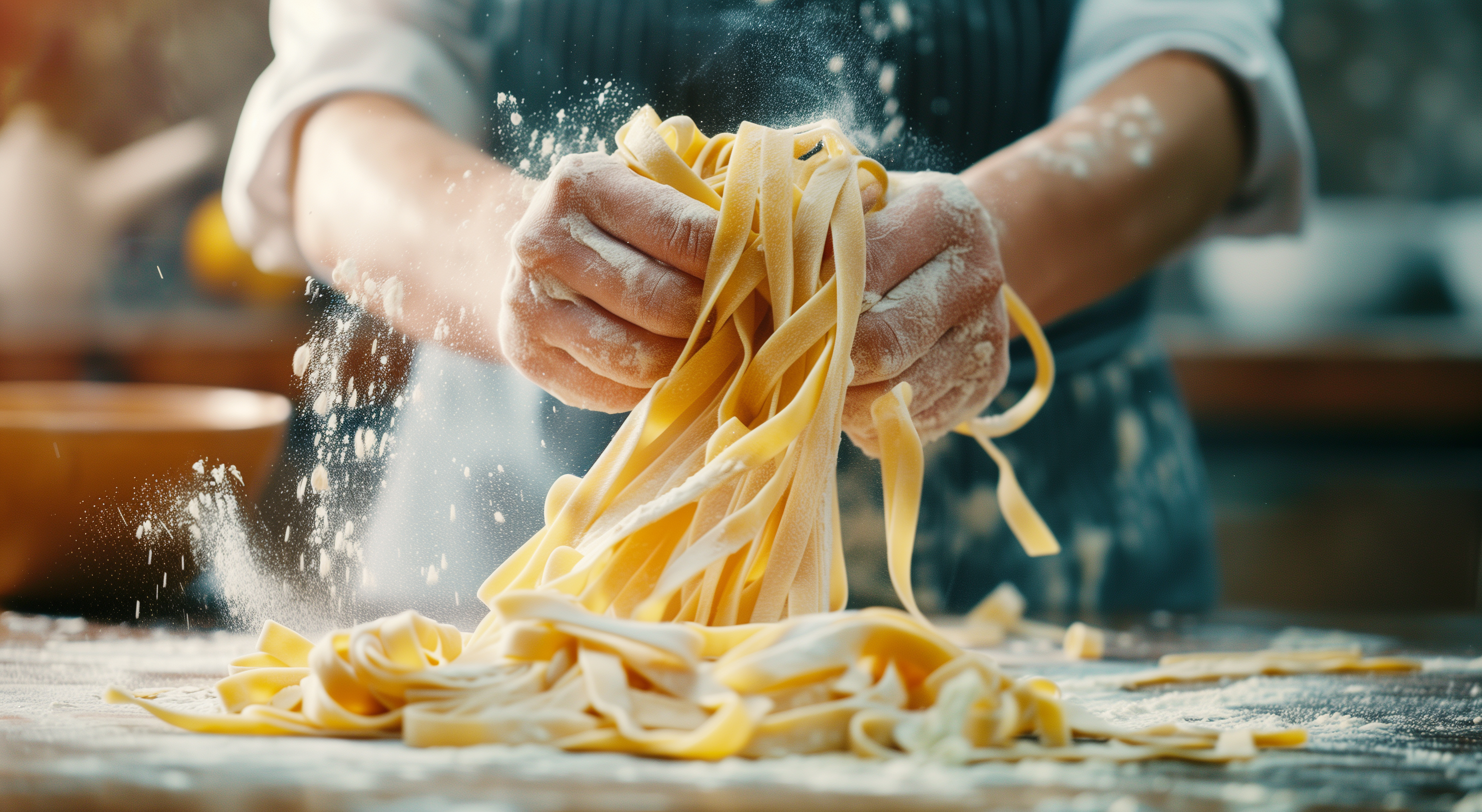 Hands working fresh pasta in a professional culinary setting