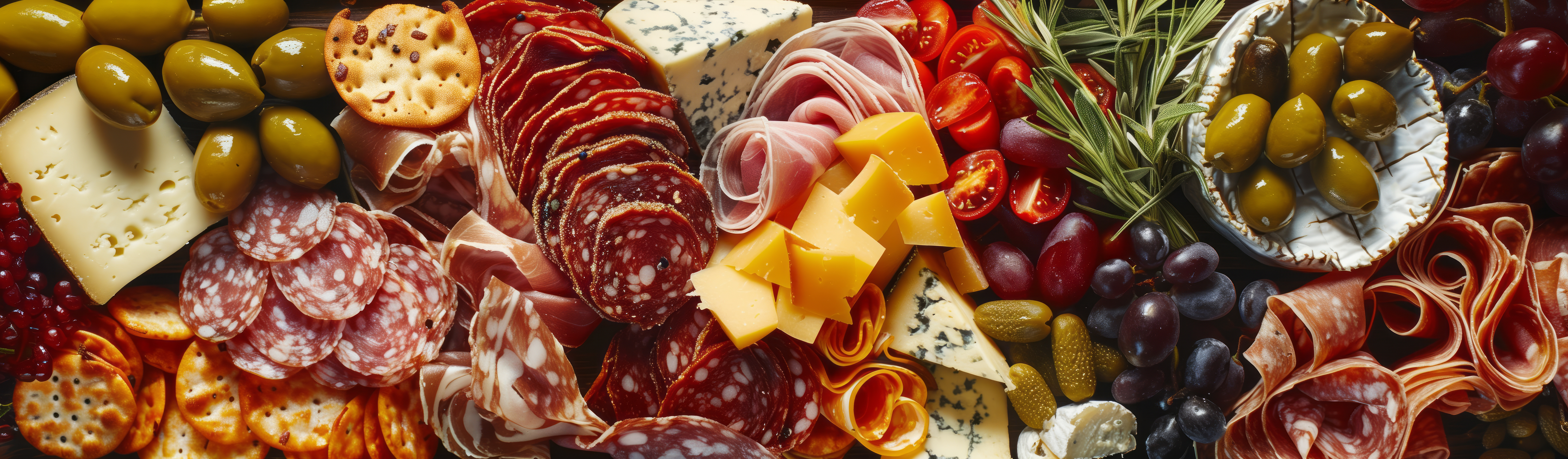 Charcuterie board of artisan cheeses, cured meats, crackers and fruit arranged for guests