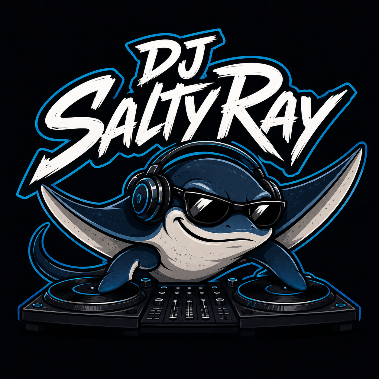 DJ Salty Ray Entertainment logo featuring a stingray wearing headphones at a DJ controller