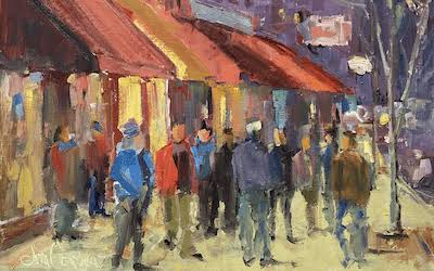 Impressionistic painting of a Christmas stroll with colorful shopfronts and a crowd of pedestrians under red and orange awnings.