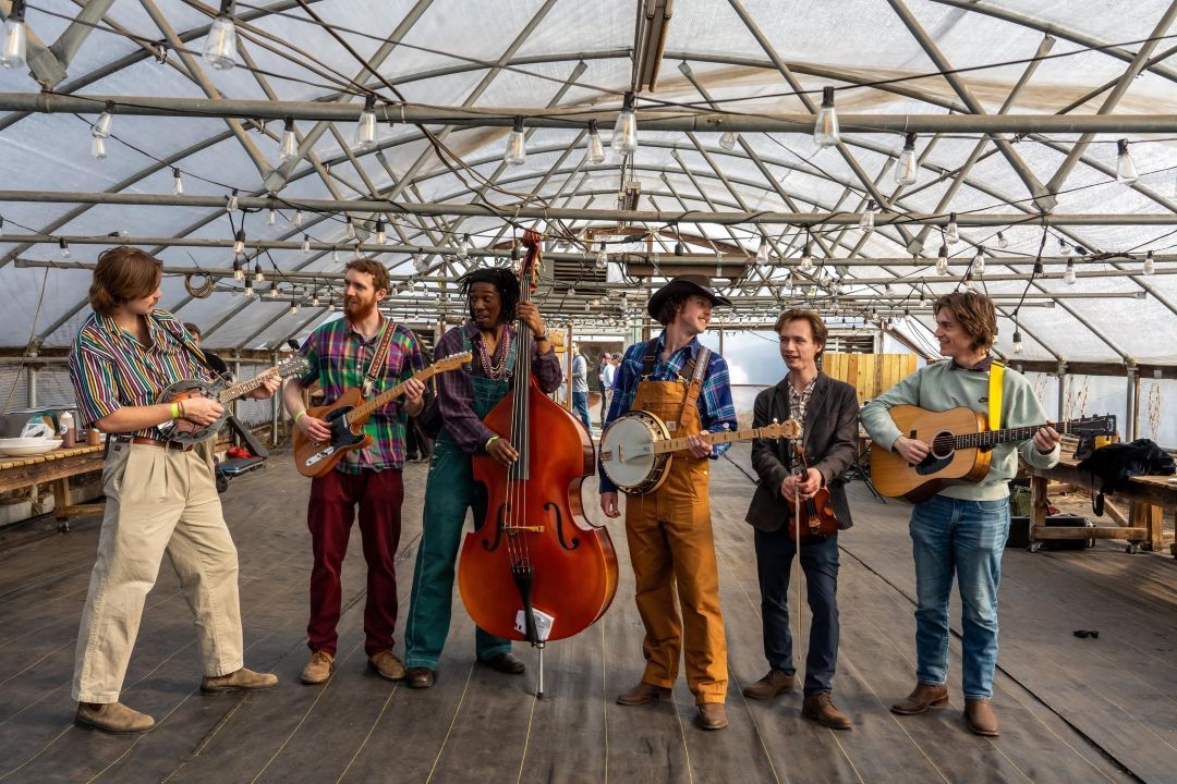 Seven musicians stand in a greenhouse-like venue, playing guitars, a banjo, a double bass, and a violin together.