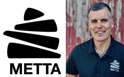 Metta logo on the left and a smiling man wearing a navy polo with the metta logo on the right.