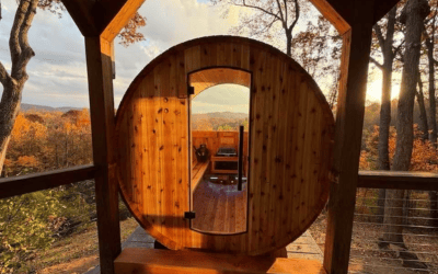 Circular wooden door of a treehouse, opening to a sunlit balcony with autumn trees and distant hills.