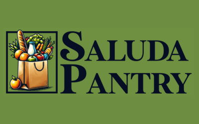 Saluda pantry logo with a grocery bag overflowing with vegetables on a green background.