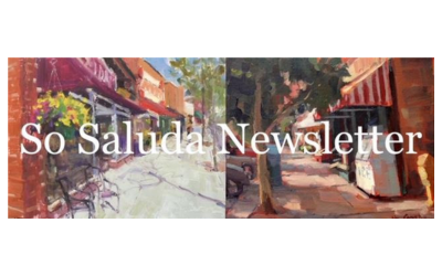 Newsletter header banner showing a sunlit street with storefronts in a split collage and the text 'so saluda newsletter' across the center.
