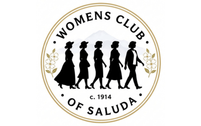 Circular logo for the women's club of saluda, established 1914, featuring silhouettes of women walking in a line with floral borders.