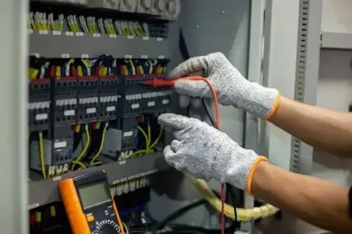 “Technician wearing safety gloves using multimeter probes to test circuit breakers inside an industrial control panel.”