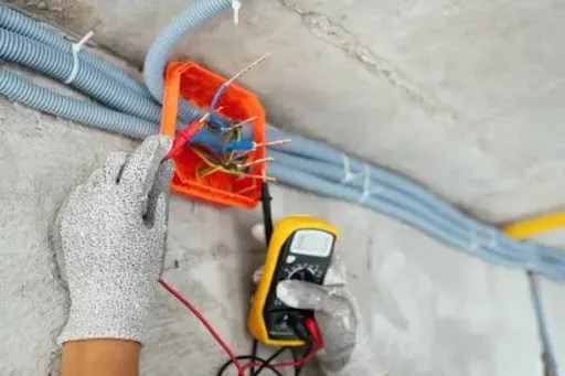Electrician testing voltage in a ceiling junction box with a multimeter and exposed electrical wiring.