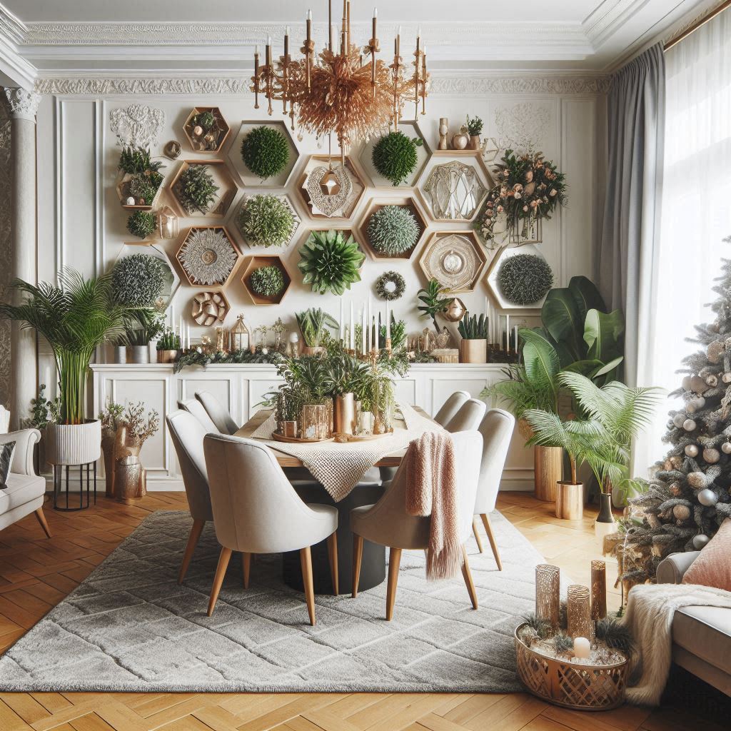 a room with a christmas tree and a table