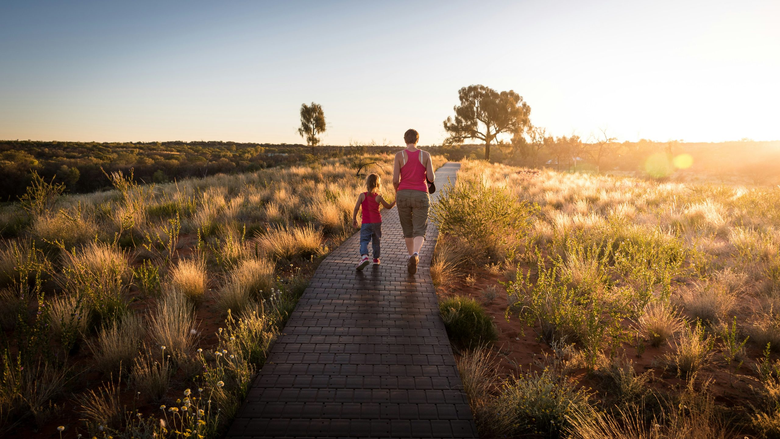 An adult an child walk down a pathway with a bright sun to the side. They are on a paved bath with grasses around them.