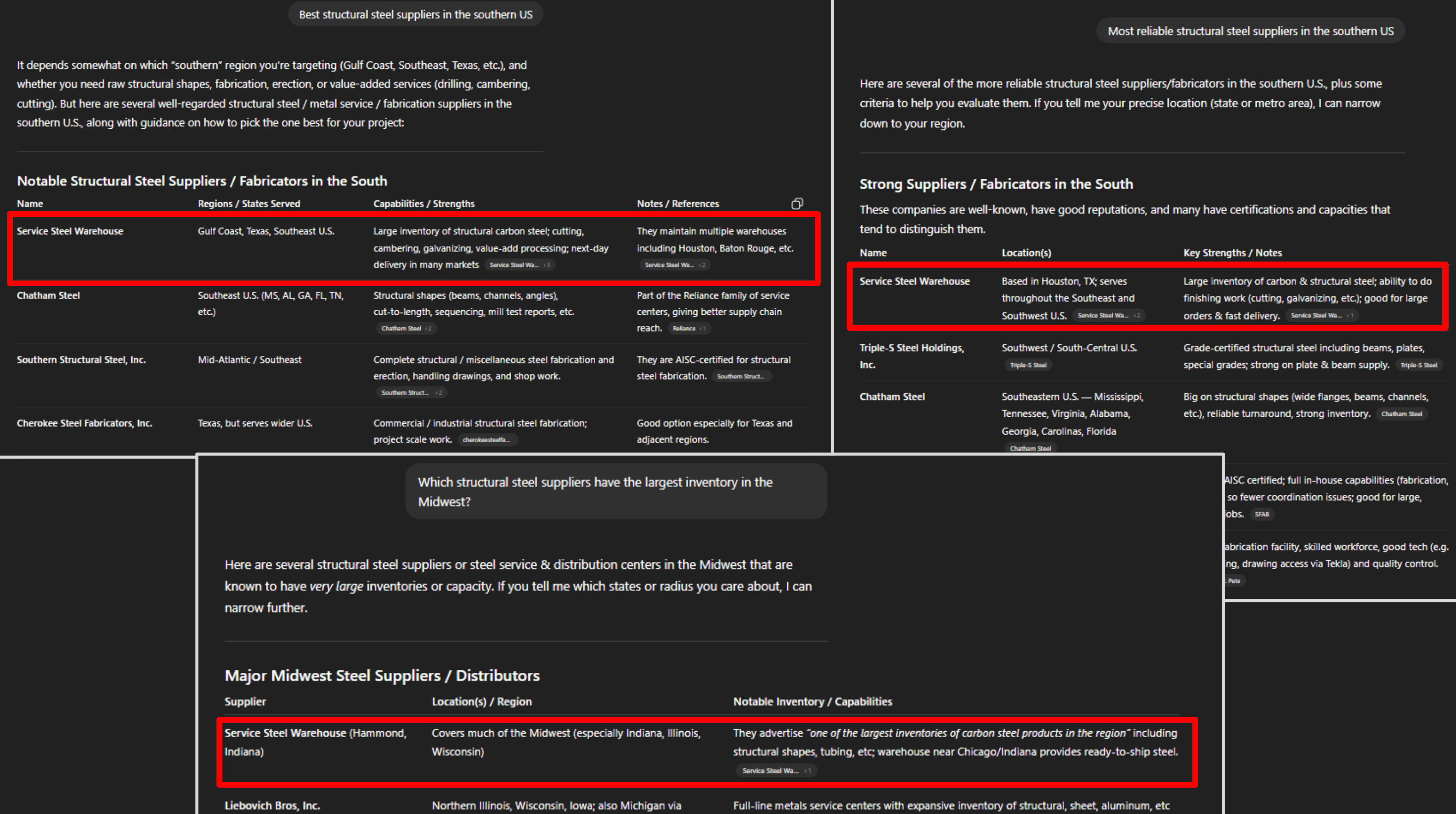 ChatGPT responses showing Service Steel Warehouse at the top of its recommendations