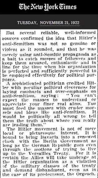 In 1922, the New York Times explained Hitler’s anti-Semitism as political cleverness.