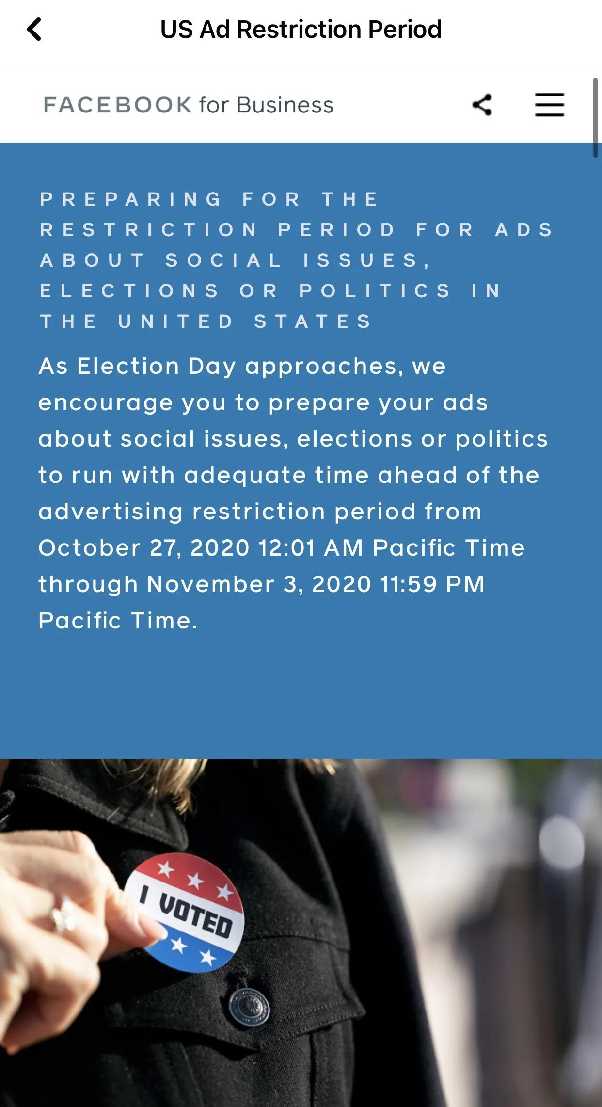 Facebook is restricting ads in the week prior to elections